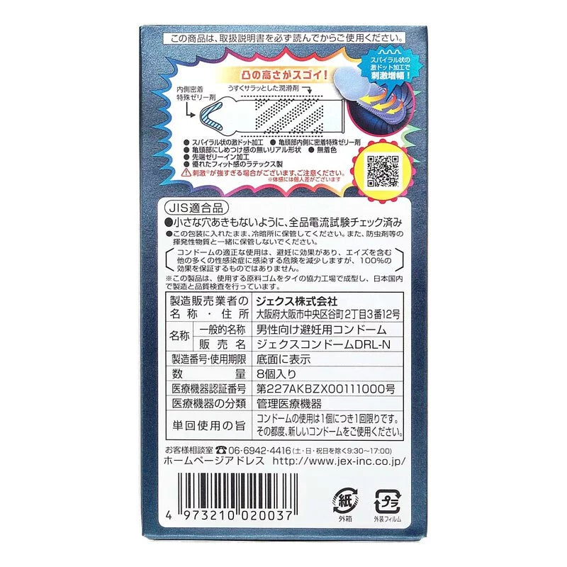 JEX激凸點持久型安全套 包裝背面 日本醫療用具許可證 8片裝資訊