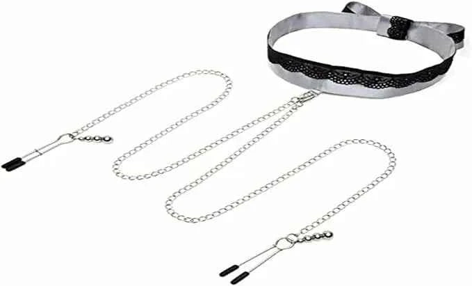Fifty Shades of Grey 官方聯名緞面蕾絲項圈連乳頭夾 (Silver/Black 情侶束縛情趣玩具)