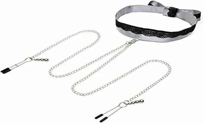 Fifty Shades of Grey 官方聯名緞面蕾絲項圈連乳頭夾 (Silver/Black 情侶束縛情趣玩具)