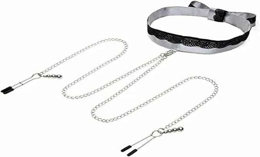 Fifty Shades of Grey 官方聯名緞面蕾絲項圈連乳頭夾 (Silver/Black 情侶束縛情趣玩具)